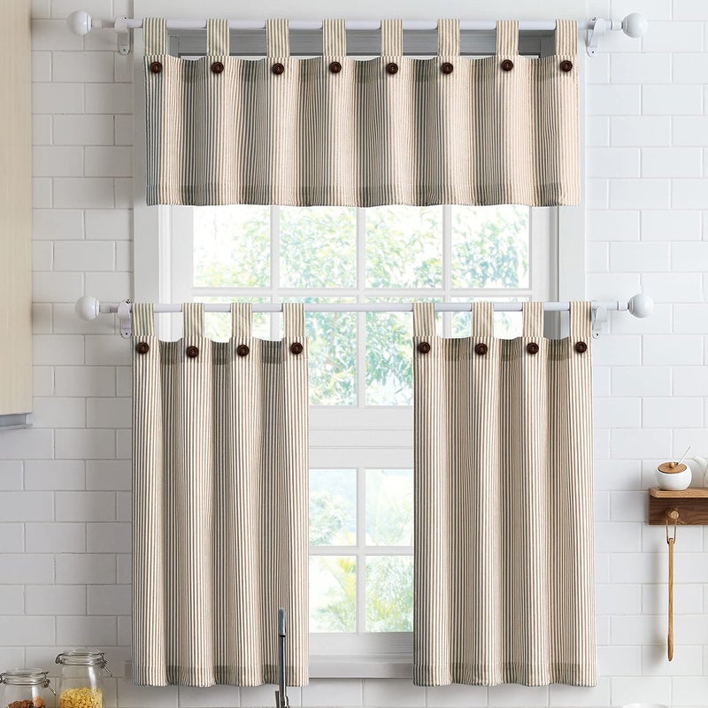 July Joy 3-Piece Cotton Tier Curtains 36 Inches Long Country Kitchen Curtains Set Tab Top for Small Window Bathroom Farmhouse 56" x 36", Linen - Image 1